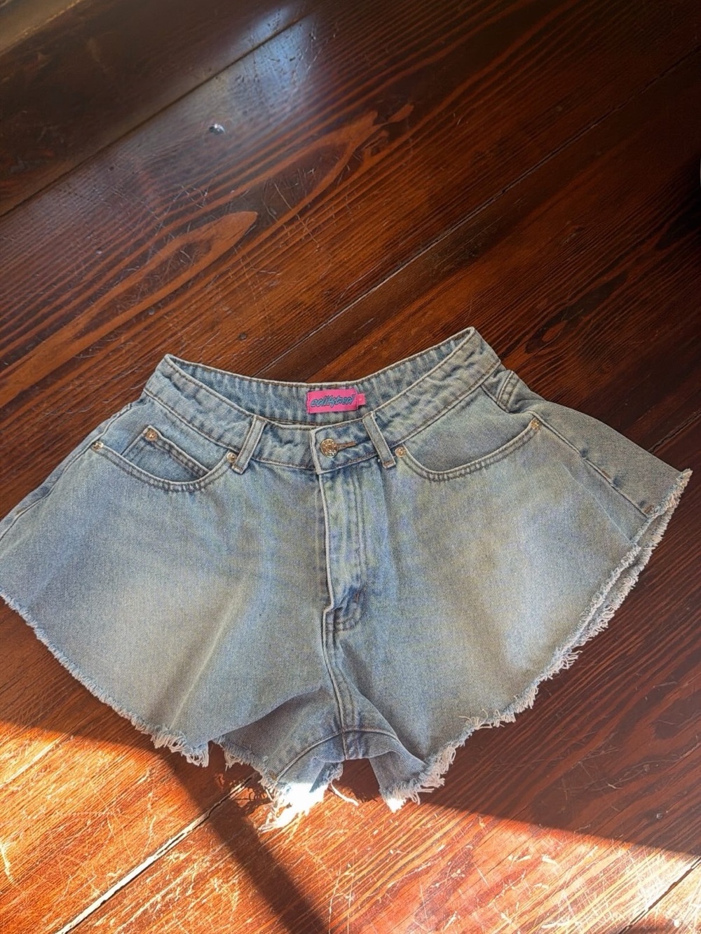 Edikted Light Blue High-Waist Frayed Denim Shorts
